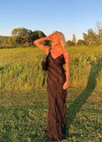 Black Spaghetti Straps Sheath Ruffles Long Prom Dress Evening Gown HZ0319