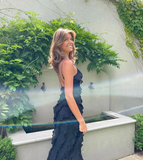 Black Spaghetti Straps Sheath Ruffles Long Prom Dress Evening Gown HZ0319