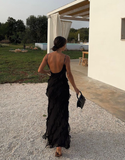 Black Spaghetti Straps Sheath Ruffles Long Prom Dress Evening Gown HZ0319
