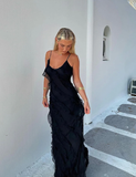 Black Spaghetti Straps Sheath Ruffles Long Prom Dress Evening Gown HZ0319