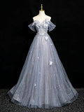 Gray Blue A-Line Tulle Lace Long Prom Dress Off the Shoulder Evening Party Dress, HZ0319