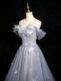 Gray Blue A-Line Tulle Lace Long Prom Dress Off the Shoulder Evening Party Dress, HZ0319