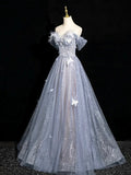 Gray Blue A-Line Tulle Lace Long Prom Dress Off the Shoulder Evening Party Dress, HZ0319