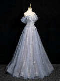 Gray Blue A-Line Tulle Lace Long Prom Dress Off the Shoulder Evening Party Dress, HZ0319