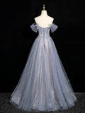 Gray Blue A-Line Tulle Lace Long Prom Dress Off the Shoulder Evening Party Dress, HZ0319