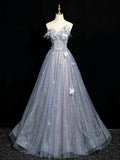 Gray Blue A-Line Tulle Lace Long Prom Dress Off the Shoulder Evening Party Dress, HZ0319