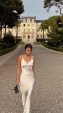 Elegant Spaghetti Straps V Neck Sheath Lace Satin Long Party Dress, HZ0319