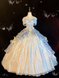 Fairy Off Shoulder Ball Gown Lace Satin Quinceanera Dress Birthday Gown, HZ0319