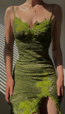 Green Spaghetti Straps Lace Sheath Party Dress Evening Gown, HZ0319