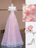 Pink Off Shoulder A-Line Sequins Long Prom Dress Evening Gown, HZ0319