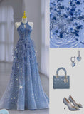 Shiny Blue Halter A-Line Sequins Long Prom Dress Evening Gown, HZ0319