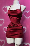 Wine Red Straps Sheath Satin Short Party Dress Homecoming Dress, HZ0319