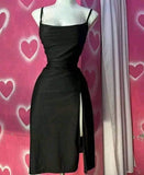 Black Spaghetti Straps Sheath Satin Midi Length Party Dress, HZ0319