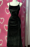 Classy Black Spaghetti Straps Velvet Sheath Long Party Dress, HZ0319