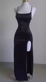 Black Spaghetti Straps Sheath Satin Long Evening Party Dress, HZ0319