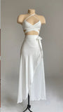 White Halter Cross Neck A-Line Satin Long Party Dress, HZ0319