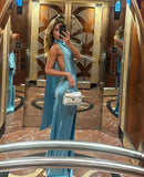 Blue Halter Backless Sheath Satin Long Evening Party Dress, HZ0319