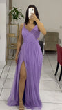Purple Spaghetti Straps A-Line Tulle Long Formal Party Dress, HZ0319