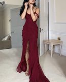 Wine Red Off Shoulder Straps Multi-layered Ruffles Long Prom Dress, HZ0319