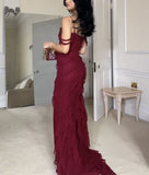 Wine Red Off Shoulder Straps Multi-layered Ruffles Long Prom Dress, HZ0319