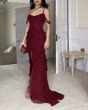 Wine Red Off Shoulder Straps Multi-layered Ruffles Long Prom Dress, HZ0319