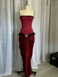 Wine Red Strapless Sheath Lace Satin Long Formal Evening Dress, HZ0319