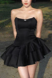 Black Strapless A-Line Ruffles Lovely Mini Homecoming Dress, HZ0319