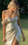 Ivory Off Shoulder Satin Long Prom Dress with Slit, HZ0319