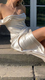 Ivory Off Shoulder Satin Long Prom Dress with Slit, HZ0319