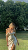 Ivory Off Shoulder Satin Long Prom Dress with Slit, HZ0319