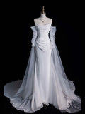 White Strapless Chiffon Mermaid Long Wedding Dress with Train, HZ0319