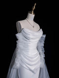 White Strapless Chiffon Mermaid Long Wedding Dress with Train, HZ0319