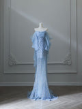Gorgeous Blue Off Shoulder Sequins Mermaid Long Prom Dress, HZ0319