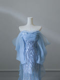 Gorgeous Blue Off Shoulder Sequins Mermaid Long Prom Dress, HZ0319
