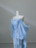 Gorgeous Blue Off Shoulder Sequins Mermaid Long Prom Dress, HZ0319