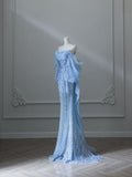 Gorgeous Blue Off Shoulder Sequins Mermaid Long Prom Dress, HZ0319