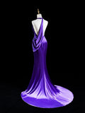 Elegant Purple Halter Satin Mermaid Long Formal Prom Dress, HZ0319