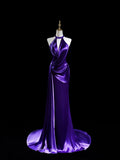 Elegant Purple Halter Satin Mermaid Long Formal Prom Dress, HZ0319