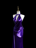 Elegant Purple Halter Satin Mermaid Long Formal Prom Dress, HZ0319
