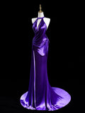 Elegant Purple Halter Satin Mermaid Long Formal Prom Dress, HZ0319