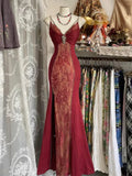 Burgundy V Neck Lace Long Prom Dress Mermaid Evening Party Gown, HZ0319