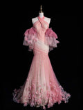 Pink Off Shoulder Halter Backless Tulle Mermaid Long Prom Gown , HZ0319