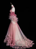 Pink Off Shoulder Halter Backless Tulle Mermaid Long Prom Gown , HZ0319