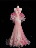 Pink Off Shoulder Halter Backless Tulle Mermaid Long Prom Gown , HZ0319