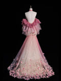Pink Off Shoulder Halter Backless Tulle Mermaid Long Prom Gown , HZ0319