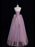 Dusty Purple Strapless A-Line Tulle Floral Long Formal Prom Dress, HZ0319