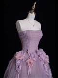 Dusty Purple Strapless A-Line Tulle Floral Long Formal Prom Dress, HZ0319