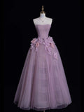 Dusty Purple Strapless A-Line Tulle Floral Long Formal Prom Dress, HZ0319