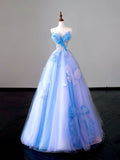 Blue Strapless A-Line Tulle Long Prom Dress Evening Gown, HZ0319