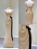 Shiny Gold Straps Mermaid Long Prom Dress Evening Gown, HZ0319
